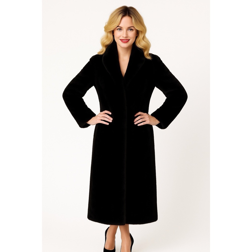 Vtg Monterey Black Faux Fur Long Coat S Luxurious‎ Plush Hollywood Oversized USA